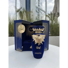 Load image into Gallery viewer, Image: Emaan Perfume 100ml EDP - A symphony of elegance by Lattafa, featuring top notes of Bergamot, Black Currant, Orange Blossom, heart notes of Jasmine, Tagetes, Tuberose, and base notes of Cedar, Patchouli, Vanilla, and White Musk. open box in front