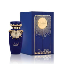 Load image into Gallery viewer, Image: Emaan Perfume 100ml EDP - A symphony of elegance by Lattafa, featuring top notes of Bergamot, Black Currant, Orange Blossom, heart notes of Jasmine, Tagetes, Tuberose, and base notes of Cedar, Patchouli, Vanilla, and White Musk. next to txe box