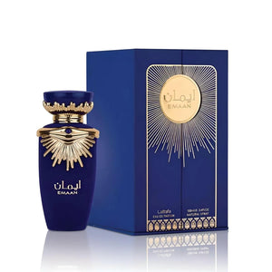 Image: Emaan Perfume 100ml EDP - A symphony of elegance by Lattafa, featuring top notes of Bergamot, Black Currant, Orange Blossom, heart notes of Jasmine, Tagetes, Tuberose, and base notes of Cedar, Patchouli, Vanilla, and White Musk. next to txe box