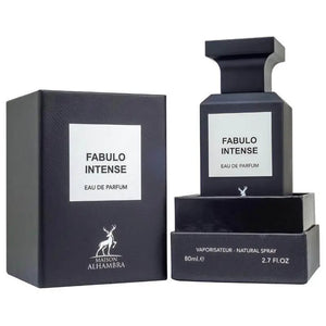 Image: Fabulo Intense Perfume 80ml EDP - A bottle of Maison Alhambra's unapologetically alluring fragrance, inspired by Tom Ford F***ing Fabulous, featuring notes of Clary Sage, Lavender, Bitter Almond, Vanilla, Orris, Leather, Tonka Bean, Cashmeran, White Woods, and Amber.