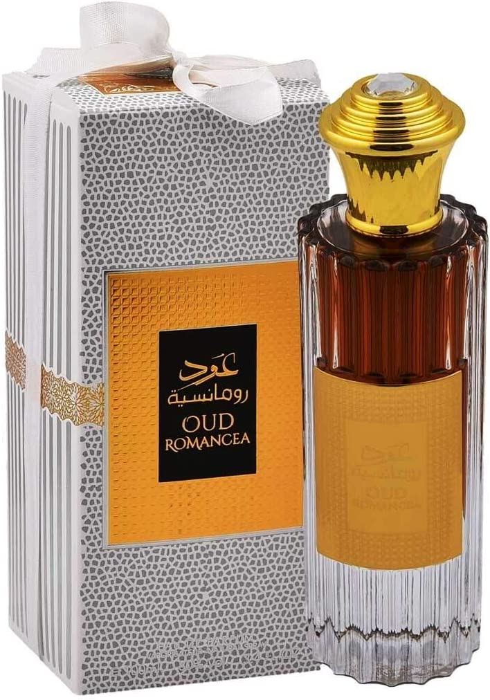 Image: Oud Romancea EDP 100ml - A bottle of Ard Al Zaafaran's passionate fragrance, featuring notes of Bergamot, Mandarins, Blackcurrant, Cinnamon, Spicy Notes, Jasmine, Gardenias, Ylang-ylang, Amber, Incense, Sandalwood, Oud, and Patchouli.