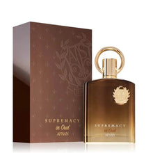 Load image into Gallery viewer, Image: Supremacy in Oud Perfume 100ml EDP - Afnan&#39;s premium fragrance featuring top notes of Saffron, Lavender, Nutmeg, heart notes of Agarwood, Sweet, and base notes of Musk and Patchouli.