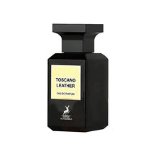 Load image into Gallery viewer, Image: Toscano Leather Perfume 80ml EDP - A bottle of Maison Alhambra&#39;s timeless fragrance, inspired by Tom Ford Tuscan Leather, featuring notes of Raspberry, Saffron, Thyme, Olibanum, Jasmine, Leather, Suede, Woody Notes, and Amber.