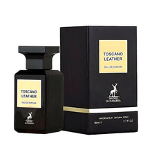 Load image into Gallery viewer, Image: Toscano Leather Perfume 80ml EDP - A bottle of Maison Alhambra&#39;s timeless fragrance, inspired by Tom Ford Tuscan Leather, featuring notes of Raspberry, Saffron, Thyme, Olibanum, Jasmine, Leather, Suede, Woody Notes, and Amber.