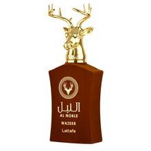 Load image into Gallery viewer, Al Noble Wazeer 100ml Eau De Parfum By Lattafa for men, with brown and gold 